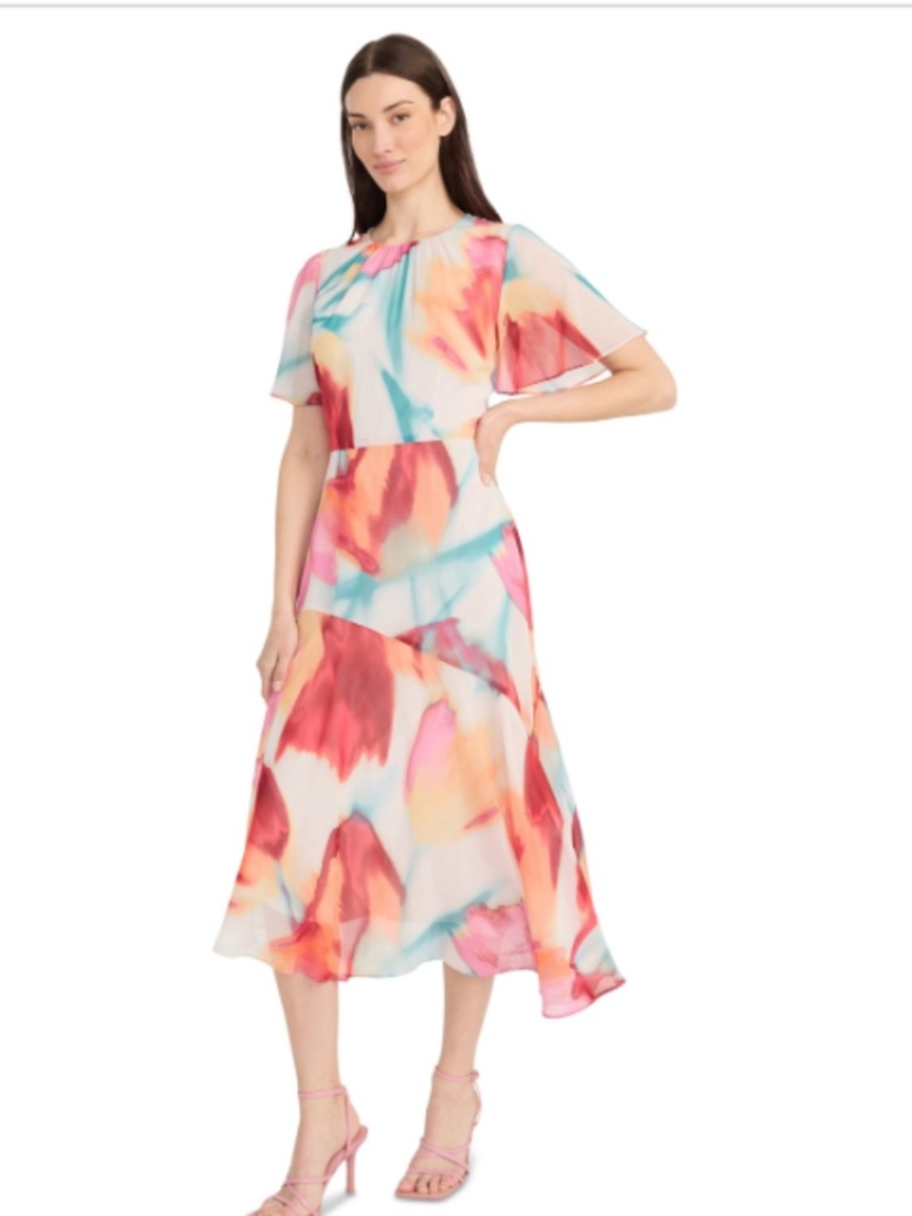 Maggy London Women's Printed Asymmetric Hem MIDI Dress - Cream/Coral NWT